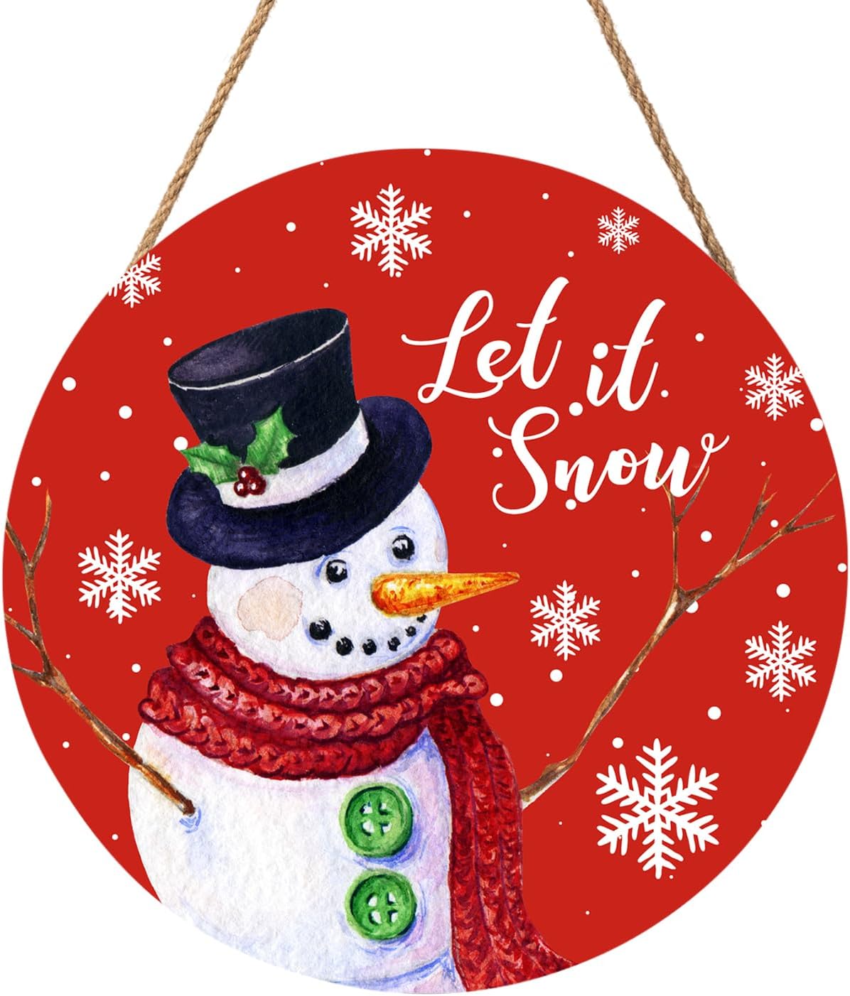 Christmas Snowman Door Sign 12 Inch, Wooden Let It Snow Snowflake