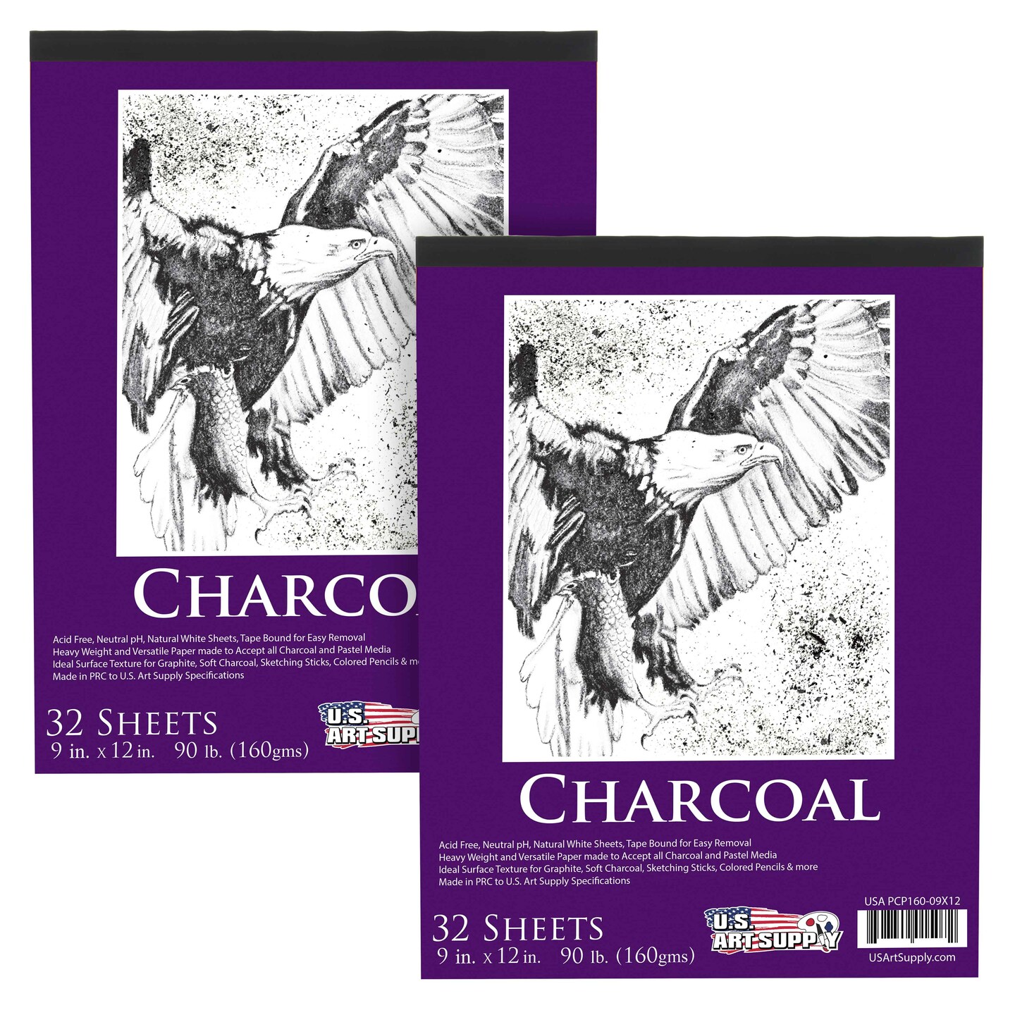 U.S. Art Supply; 9" x 12" Premium Heavy-Weight Charcoal Sketchbook (2 Pack, 64 Sheets Total) - 90lb (160gsm) Sketch Book Pad for Charcoal, Pencil & Pastel Drawing; Category:Mixed Media Paper; Image:1