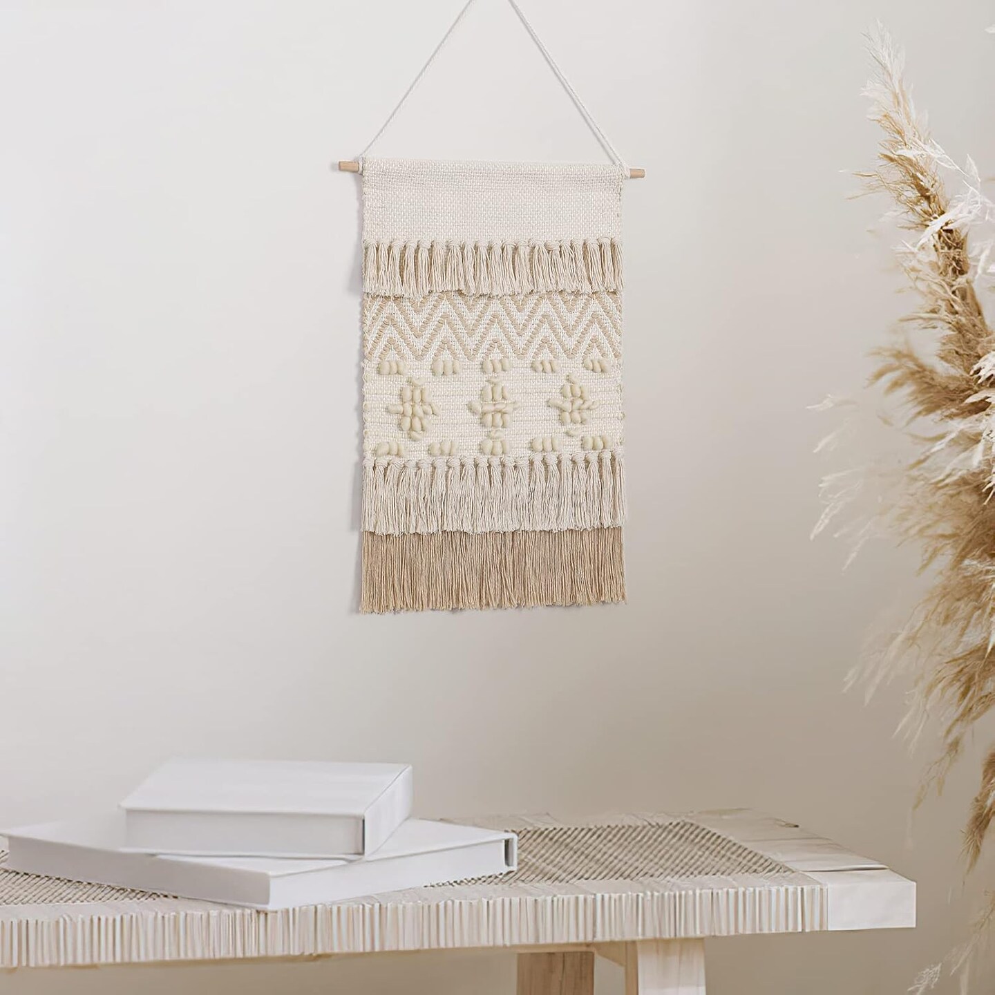 Macramé Woven Wall Hanging – Boho Beige Geometric Wave Design with Wool Balls & Tassels, Elegant Home Décor for Apartment, Bedroom, Dorm, or Door, 15.7" W x 22" L