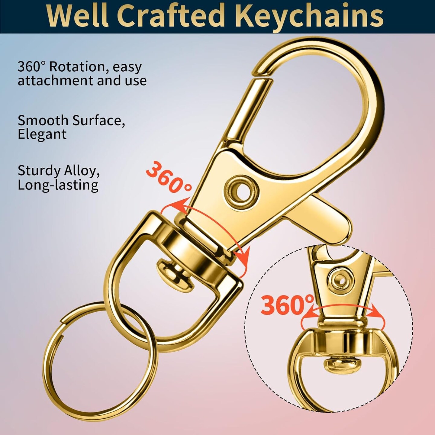 60-Piece Gold Keychain Making Set – Includes swivel snap hooks, key rings, keychain clips, and lobster claw clasps for keychains, jewelry, and crafts.