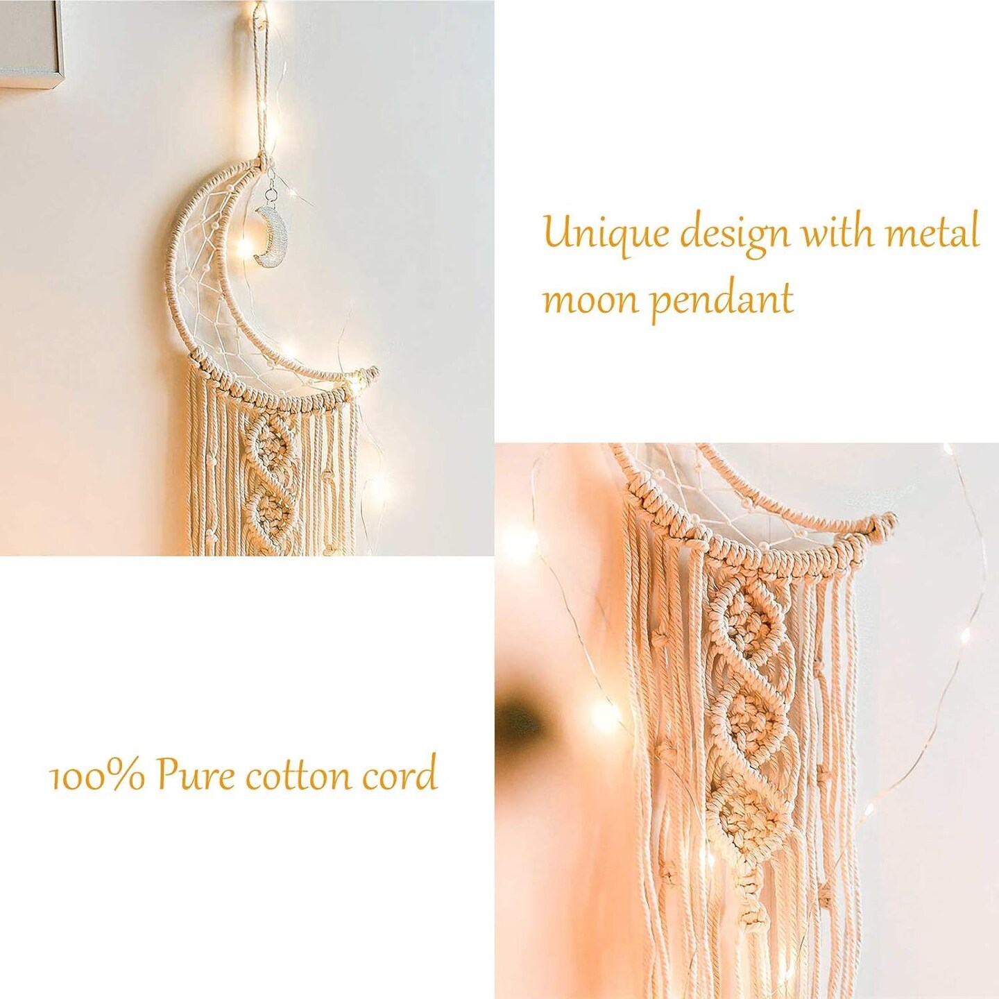 Boho Macrame Woven Wall Hanging Dream Catcher, Crochet Crescent Moon Star Dream Catcher Set with Long Tassel-Cotton Cord Handmade Bohemian Home Ornament Decoration Art Craft Gift for Kids Bedroom