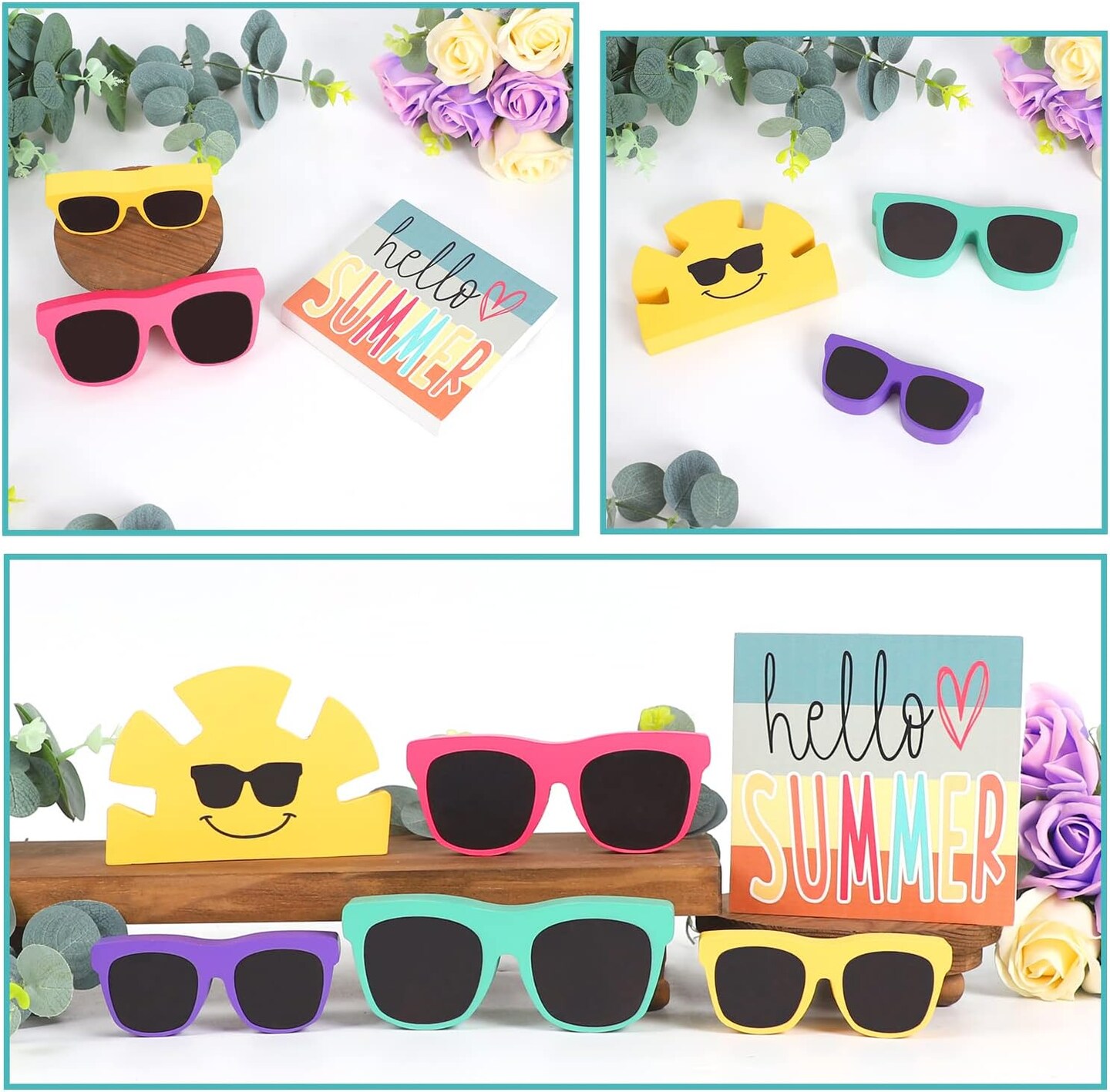 Summer Decor - 6 PCS Rustic Summer Tabletop Decor - Hello Summer Sunglasses Sunshine Wood Decorations - Luau Party Decorations