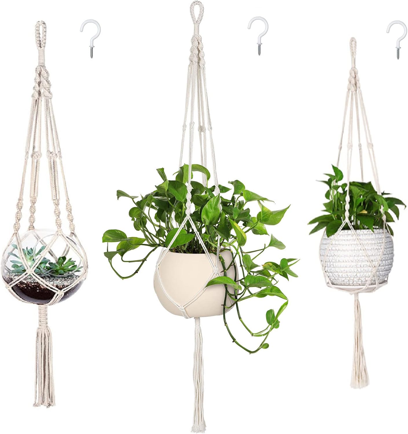 3-Pack Macrame Plant Hangers Indoor Hanging Planters with 3 Hooks, Boho Home Decor, Sizes 46", 41", and 34", Ivory (Pots Not Included)