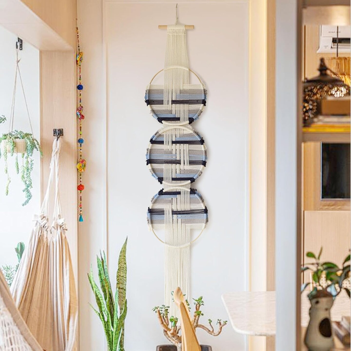 Macrame Wall Hanging Fiber Wall Art Woven Bohemian Decor Art Living Room Round Handmade Geometric Lines Home D&#xE9;cor
