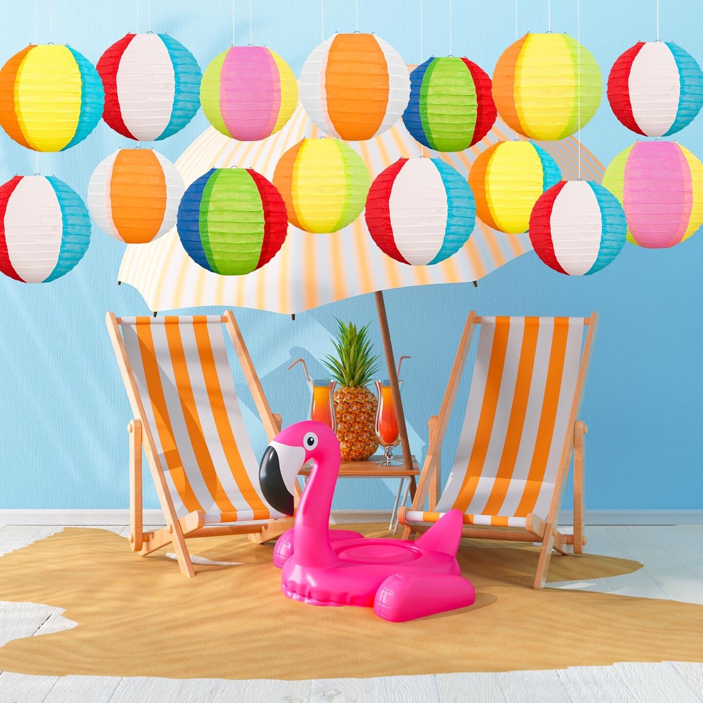 15Pcs Pool Party Decorations Beach Ball Paper Lanterns - Summer Luau Themed Hanging Decor for Home Birthday Outdoor Indoor