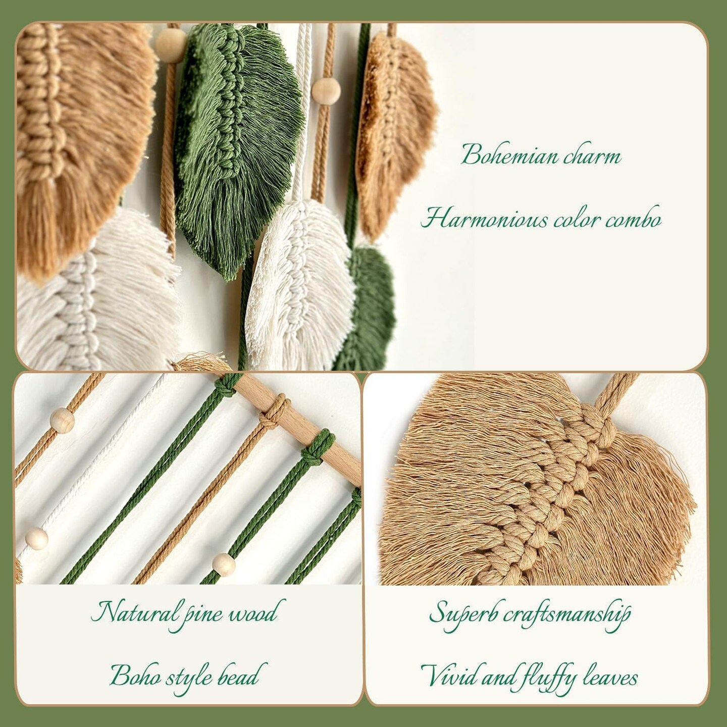 Macrame Wall Hanging Nursery Decor Leaves Woven Tapestry Feather Handmade Yarn Tassels Boho Wall Decor Leaves Art Decorations for Nursery Bedroom Living Room Apartment Home Backdrop (Green)