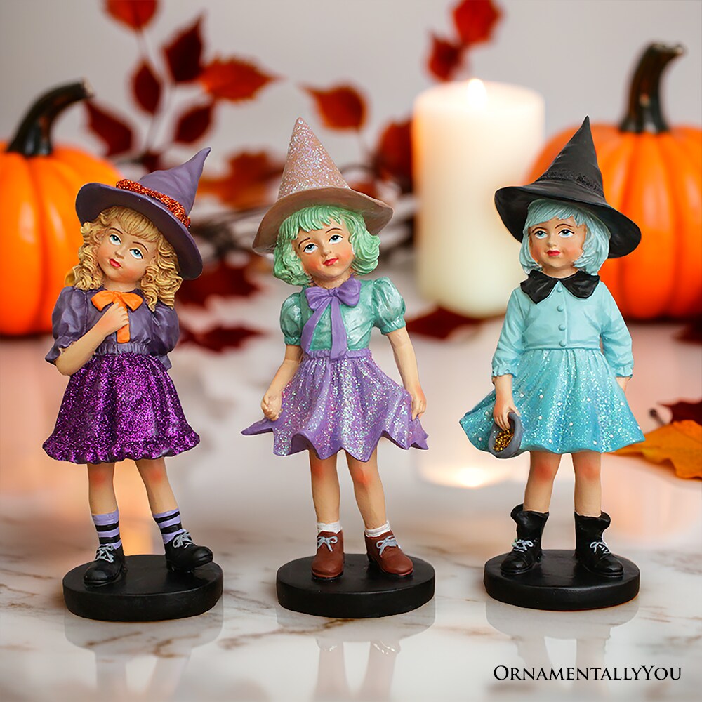 Mystical Victorian Witch Sisters Set of Three Figurines, Enchanted 6&#x22; Statues for a Bewitching Halloween Tabletop Display