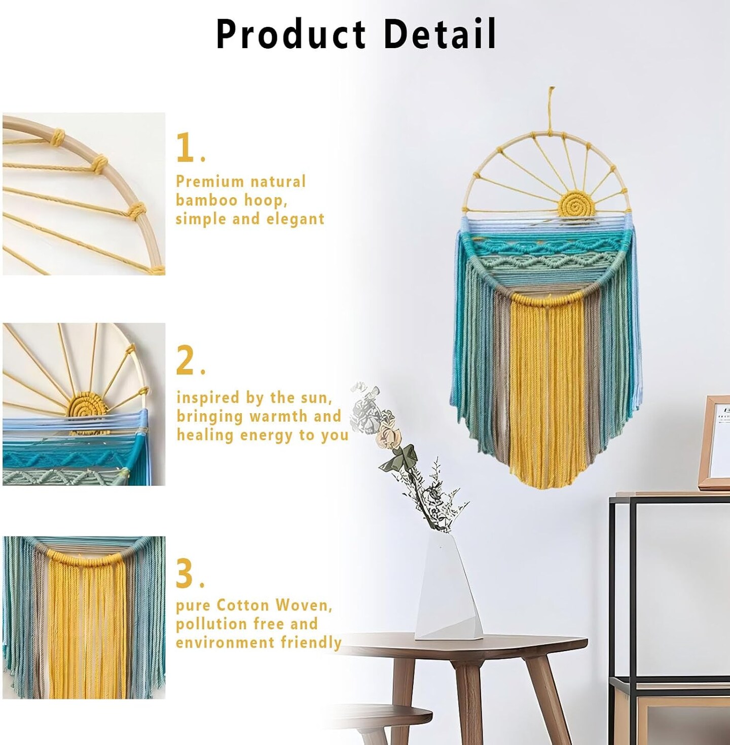 Macrame Wall Hanging Tapestry, Boho Sun Wall Decor, Colorful Hand Dreamcatchers Woven Tapestries for Living Home Room, 23.6&#x22; Lx 11.8&#x22; W (Warm Sun)