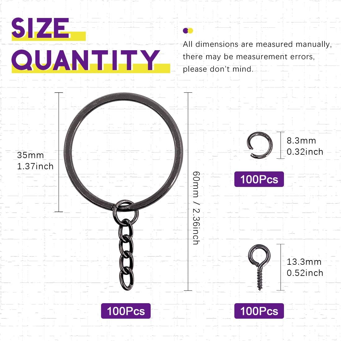 300Pcs 7/5 Inch 35mm Black Flat Key Chain Rings Kit, Including 100Pcs Split Keychain Rings with Chain and 100Pcs Jump Ring with 100Pcs Screw Eye Pins Bulk for Jewelry Findings Making