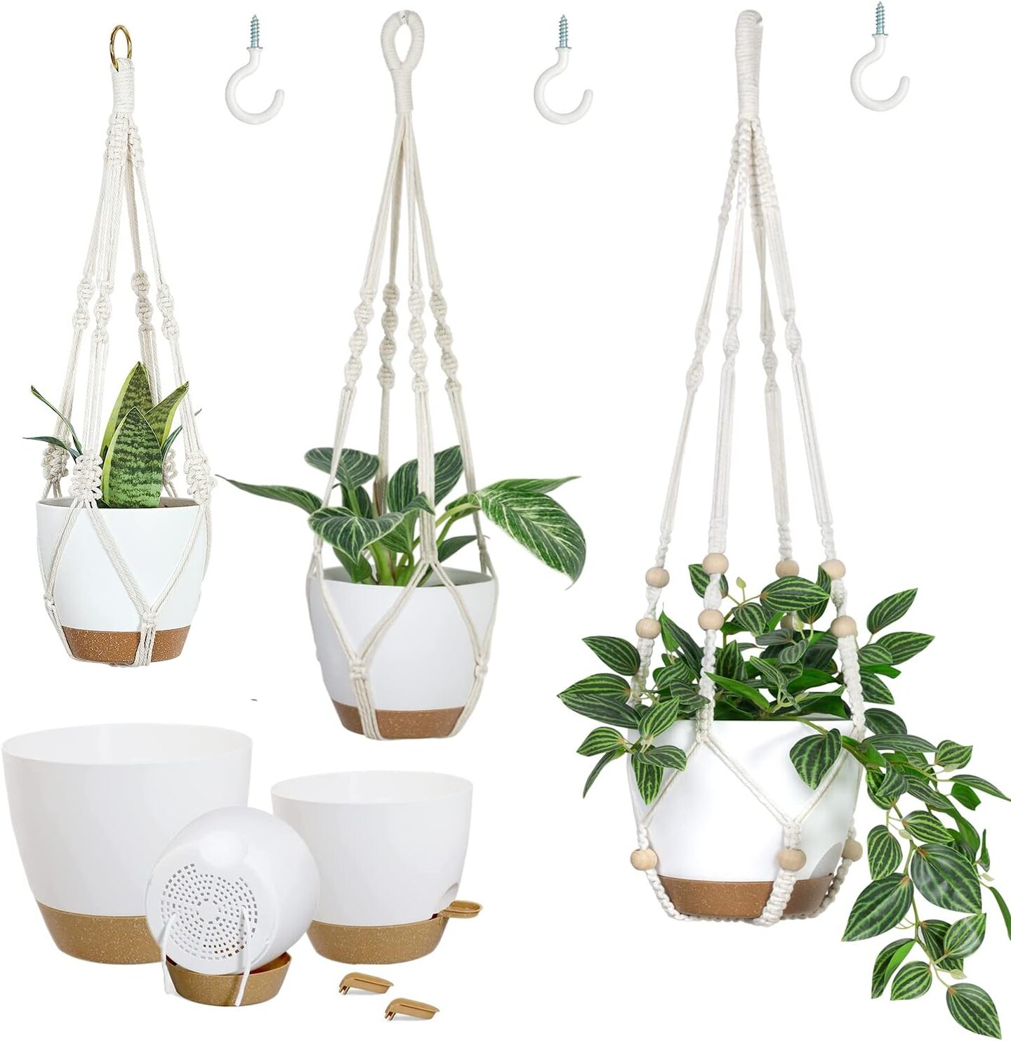3-Piece Macramé Hanging Planters Set – Indoor & Outdoor Self-Watering Plant Pots, Hanging Baskets in 3 Sizes, Flower Pot Holders