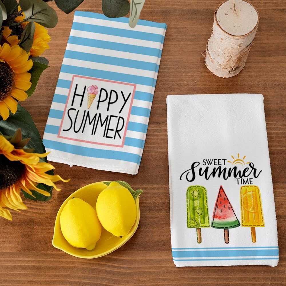 Popsicle Hello Summer Kitchen Towels Dish Towels Set of 2,Blue Stripes Ice Cream Hand Towels 18x26 Inch Drying Dishcloth,Farmhouse Home Seasonal Holiday Summer Decorations