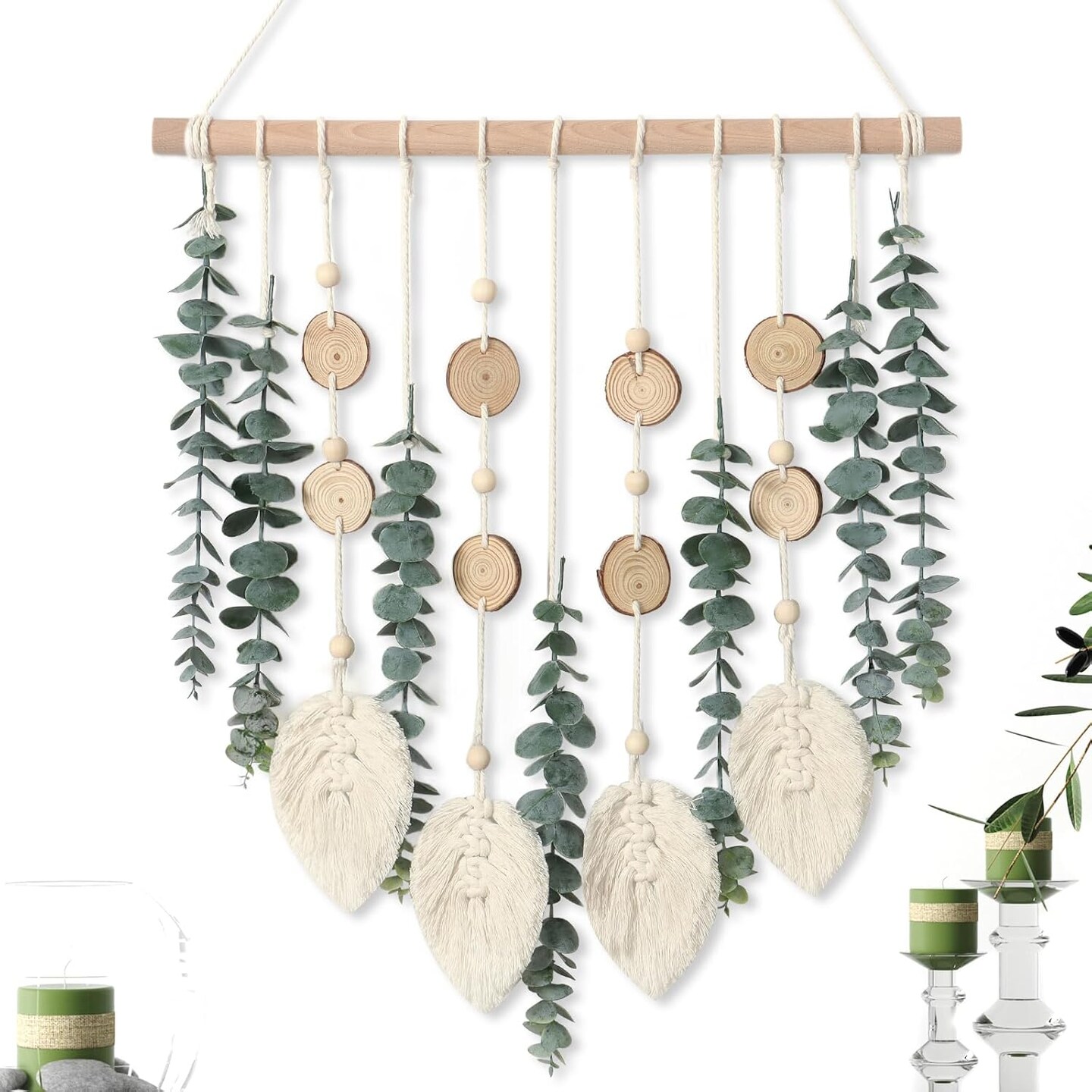 Artificial Eucalyptus Wall Hanging – Faux Greenery Decor with Wooden Stick & Macrame Leaves, Boho Chic Home Wall Art for Nursery, Living Room, Bedroom, or Bathroom