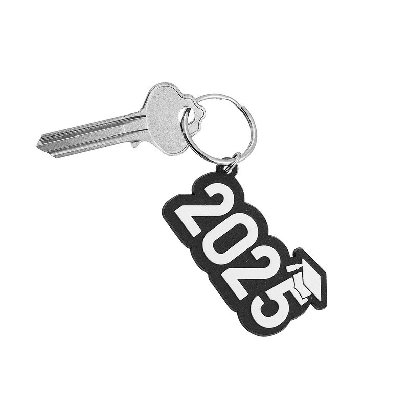 2025 Graduation Black & White Rubber Keychains 12 Pieces 2 1/4"