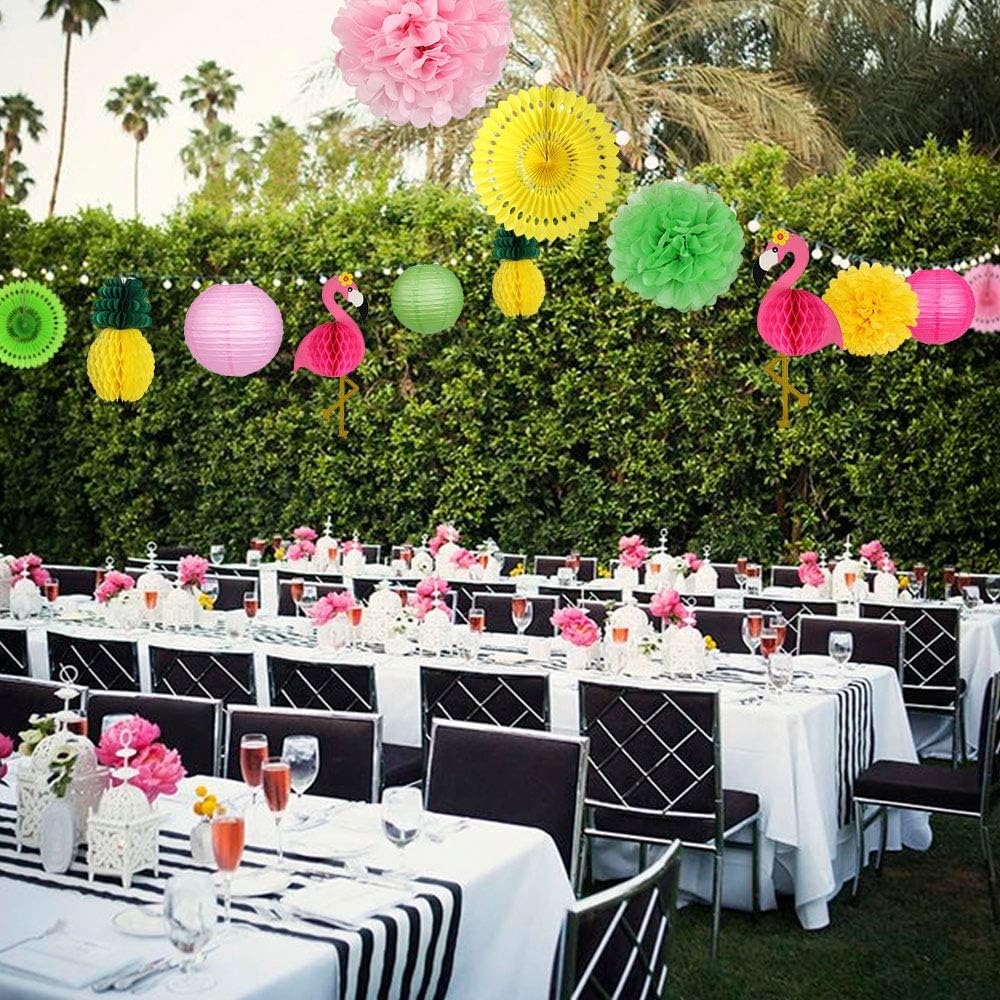 Flamingo Party Supplies, Hawaiian Party Decorations Flamingo and Pineapple Honeycomb Ball Paper Lanterns Paper Fans Pom poms Flowers for Birthday Luau Tropical Bachelorette Party