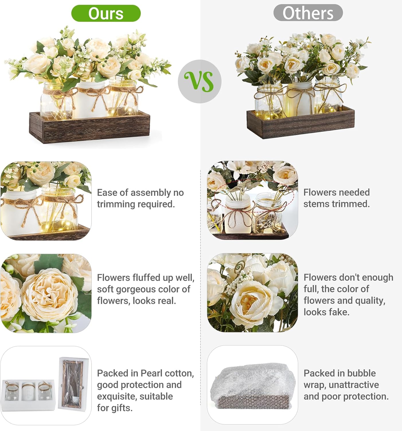 Mason Jar Lights Centerpiece Table Decor for Dining Room Farmhouse Wood Tray with 3 Jars Flowers Center Pieces Spring Summer Decor for Kitchen Living Room