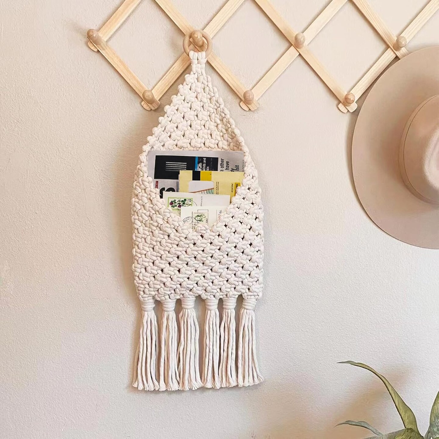 Macrame Mail Organizer Wall Mounted, Handmade Hanging Woven Basket for Boho Home Office Decor, Over the Door Key Letter Envelope File Holder for Entryway Hallway, White