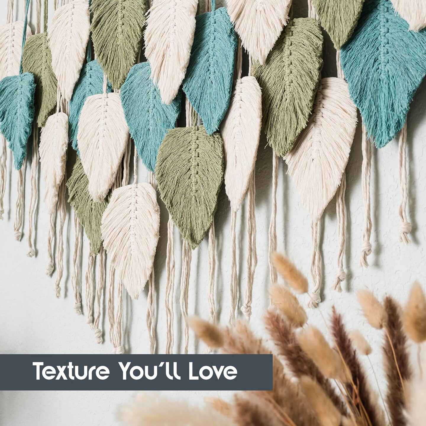 Large Macrame Wall Hanging Leaves - Chic Bohemian Handmade Woven Tapestry Wall Hanging Leaf Wall Art, Feather Boho Wall Decor for Living Room Nursery Bedroom, 39&#x22;W X 31&#x22;L (Sage Green, Green, Beige)