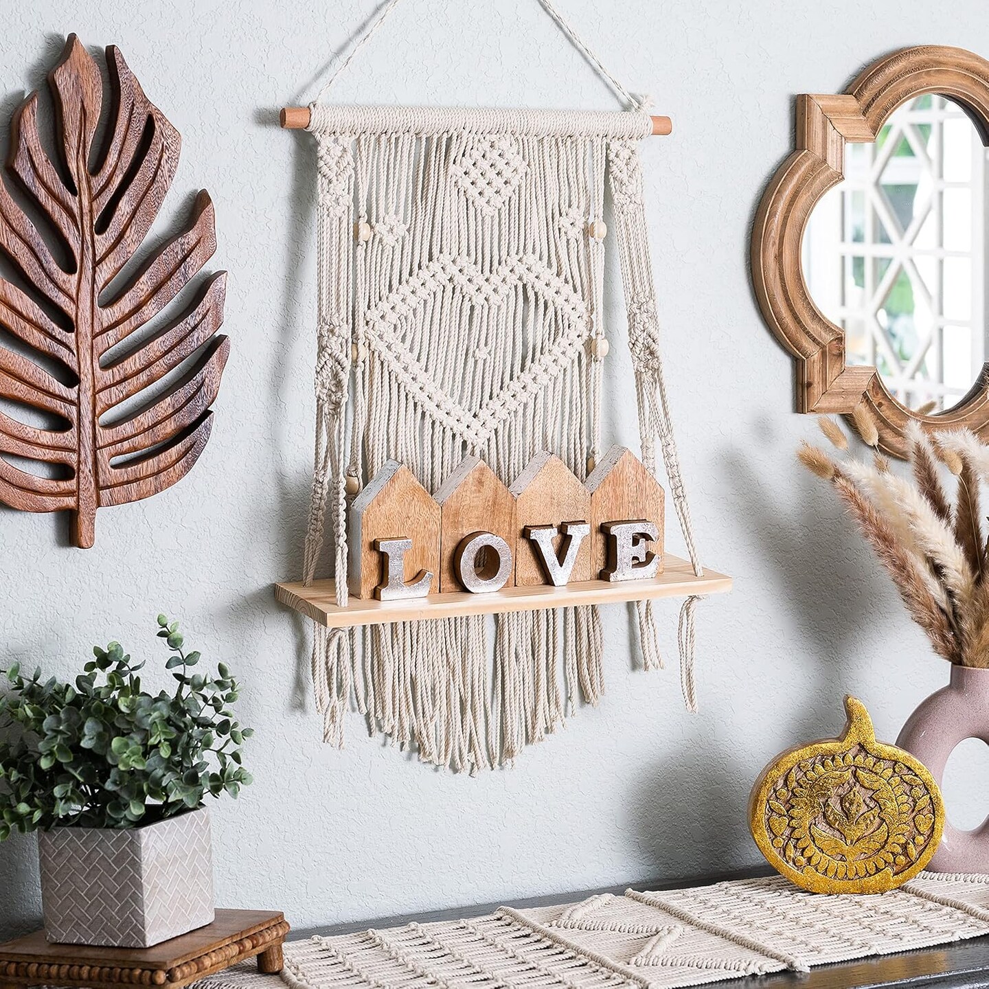Macrame Wall Hanging Shelf - Tier Wall Shelves with Handmade Woven Rope - Boho Shelves Organizer Hanger for Kitchen, Bathroom, Home Storage, Floating Indoor Plant Wall Shelf (1 Tier)