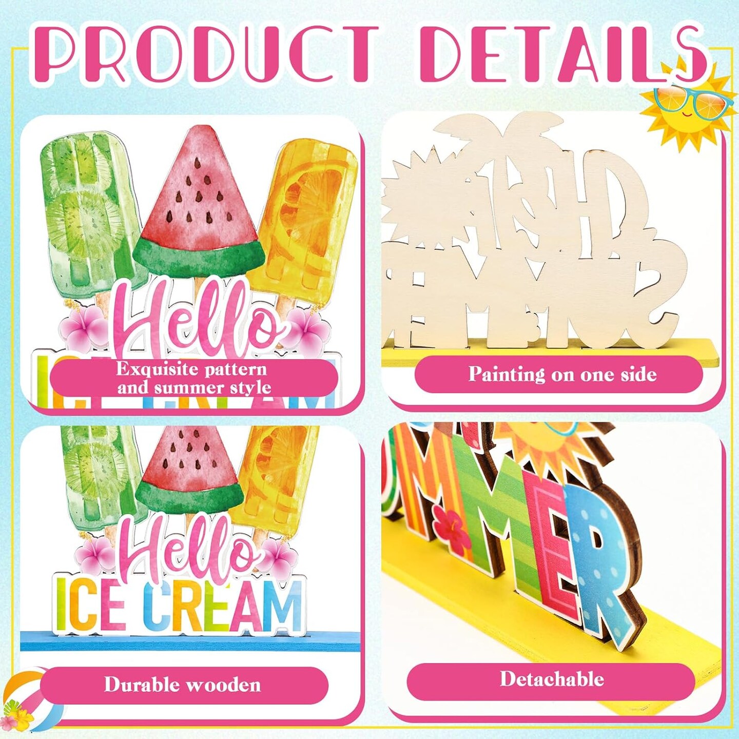 6 Pcs Hello Summer Table Decorations Sign Summer Gnome Wooden Table Centerpieces Beach Hawaii Table Decor Ice Cream Colorful Table Topper Sign