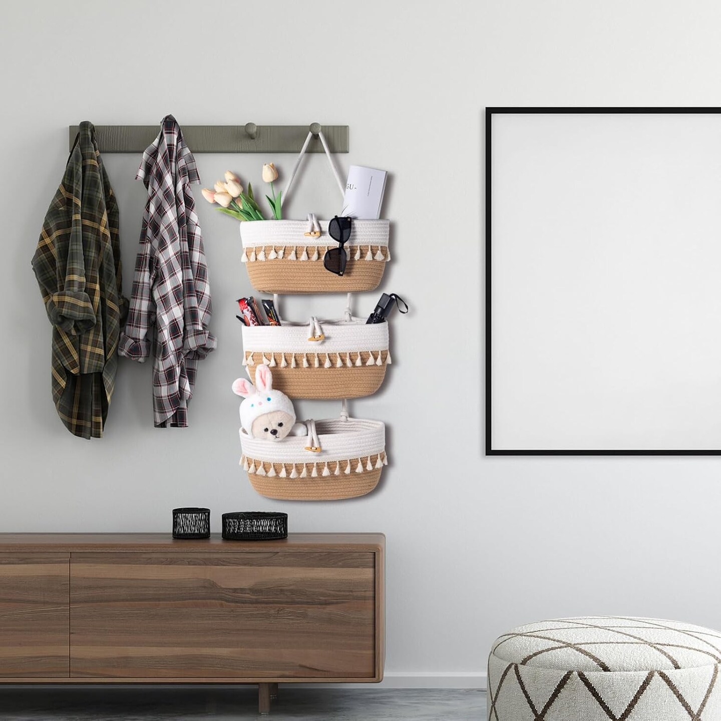 Over-the-Door Macrame Basket – 3-Tier Cotton Rope Wall Hanging Organizer, 14.5"x7", Decorative Storage for Closet, Living Room, or Bedroom