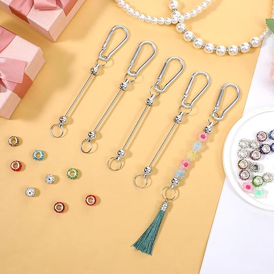 Beadable Keychains, 24 Pieces Blanks Bead Keychain Metal Diy Bead Keychain Bar Charms Keychain Making Supplies Kit For Diy Craft Project Pendant Bead Snap Hook Keychain