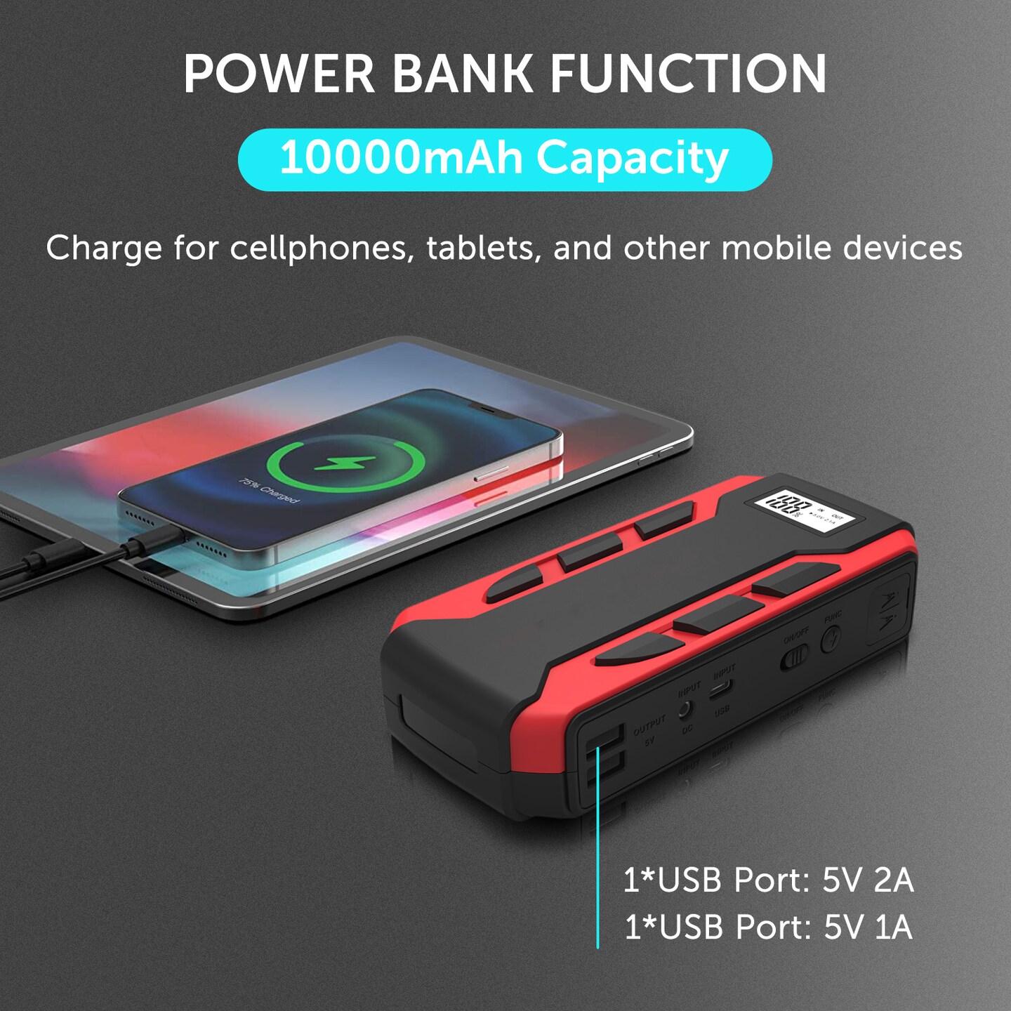 Portable Vehicle Jump Starter, 10000mAh (6.0L Gas Car or 3.0L Diesel Car), Power Bank Charger, USB Quick Charge, LCD Display, LED Flashlight, UL 2743 Certified