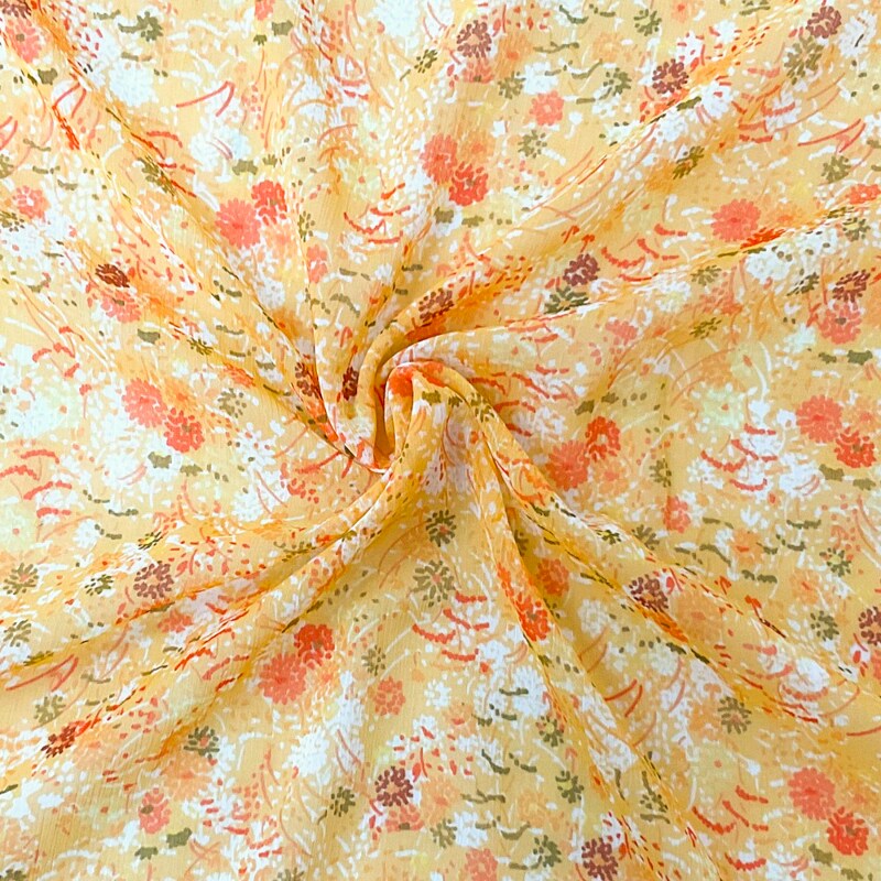 Yellow-Multi Poly Floral Print Crinkle Yoryu Chiffon Woven Fabric By the Yard