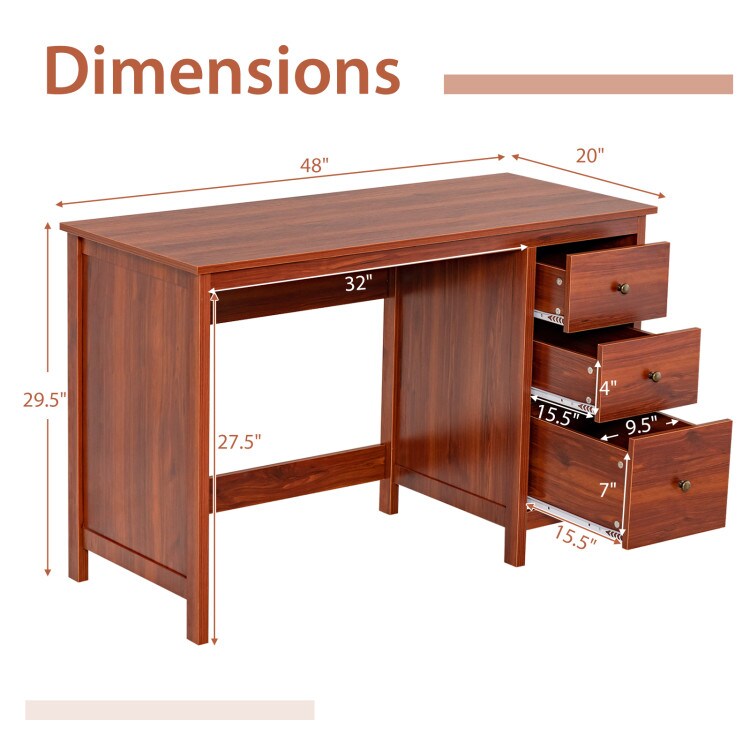 Brown 48 Inch Writing Computer Desk with 3 Drawers Home Office Study Table