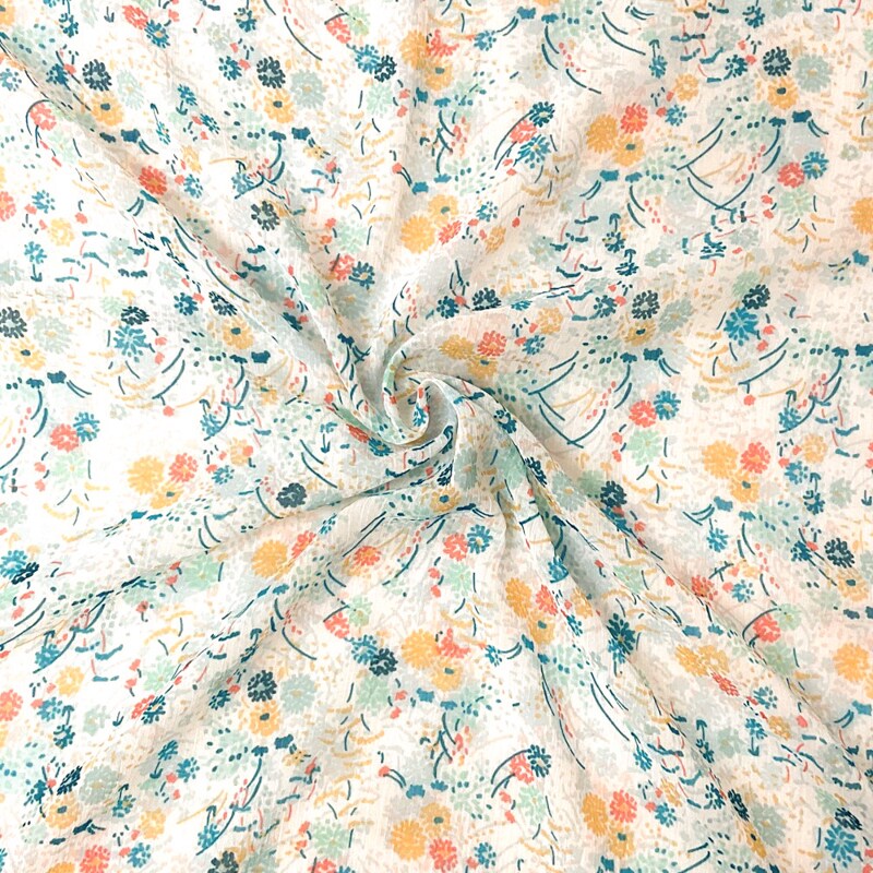 Blue-Multi Poly Floral Printed Crinkle Yoryu Chiffon Woven Fabric By the Yard