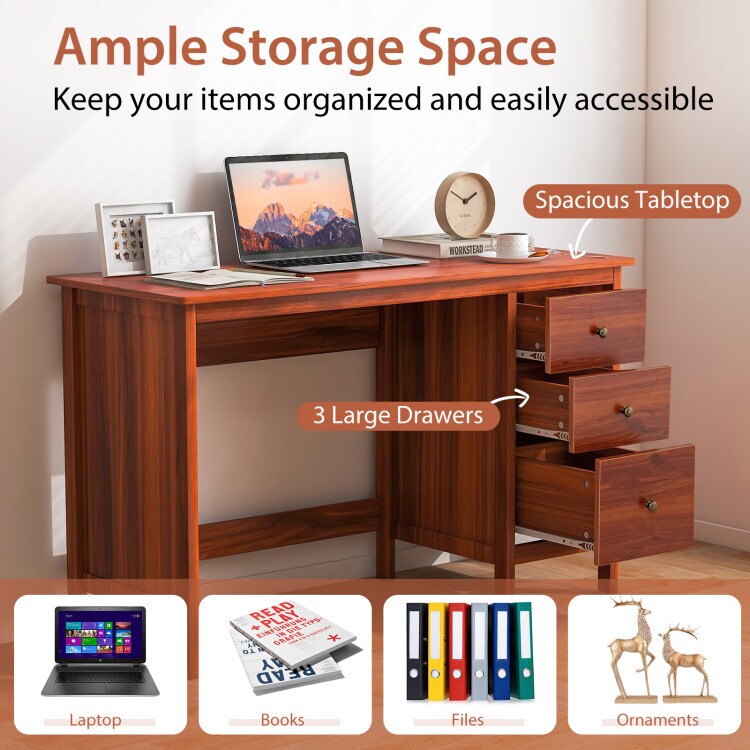 Brown 48 Inch Writing Computer Desk with 3 Drawers Home Office Study Table