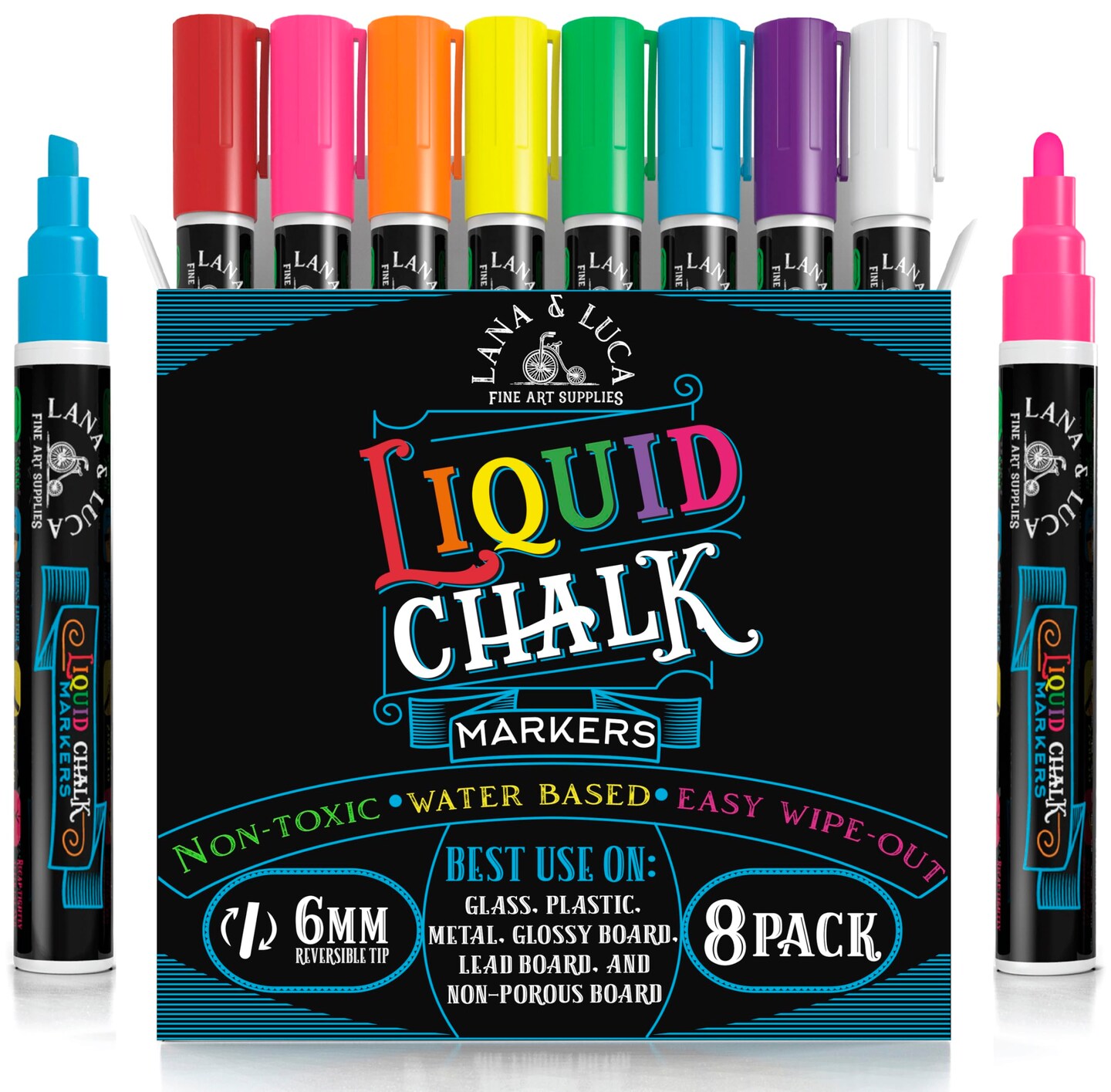Liquid Chalk Markers for Blackboards - Bold Color Dry Erase Marker Pens - Chalkboards Signs, Windows, Blackboard, Glass - 6mm Reversible Tip (8 Pack)
