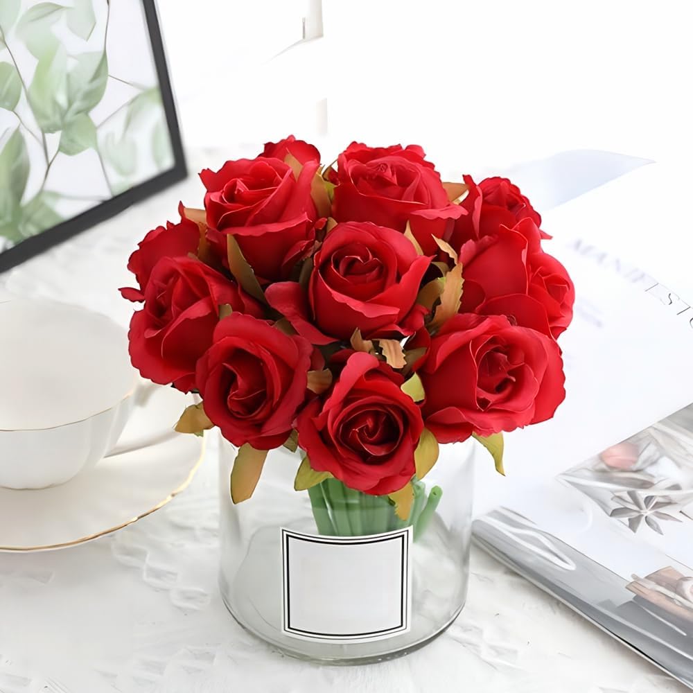 12pcs Artificial Flowers Silk Realistic Roses DIY Bouquet (Spring Red)