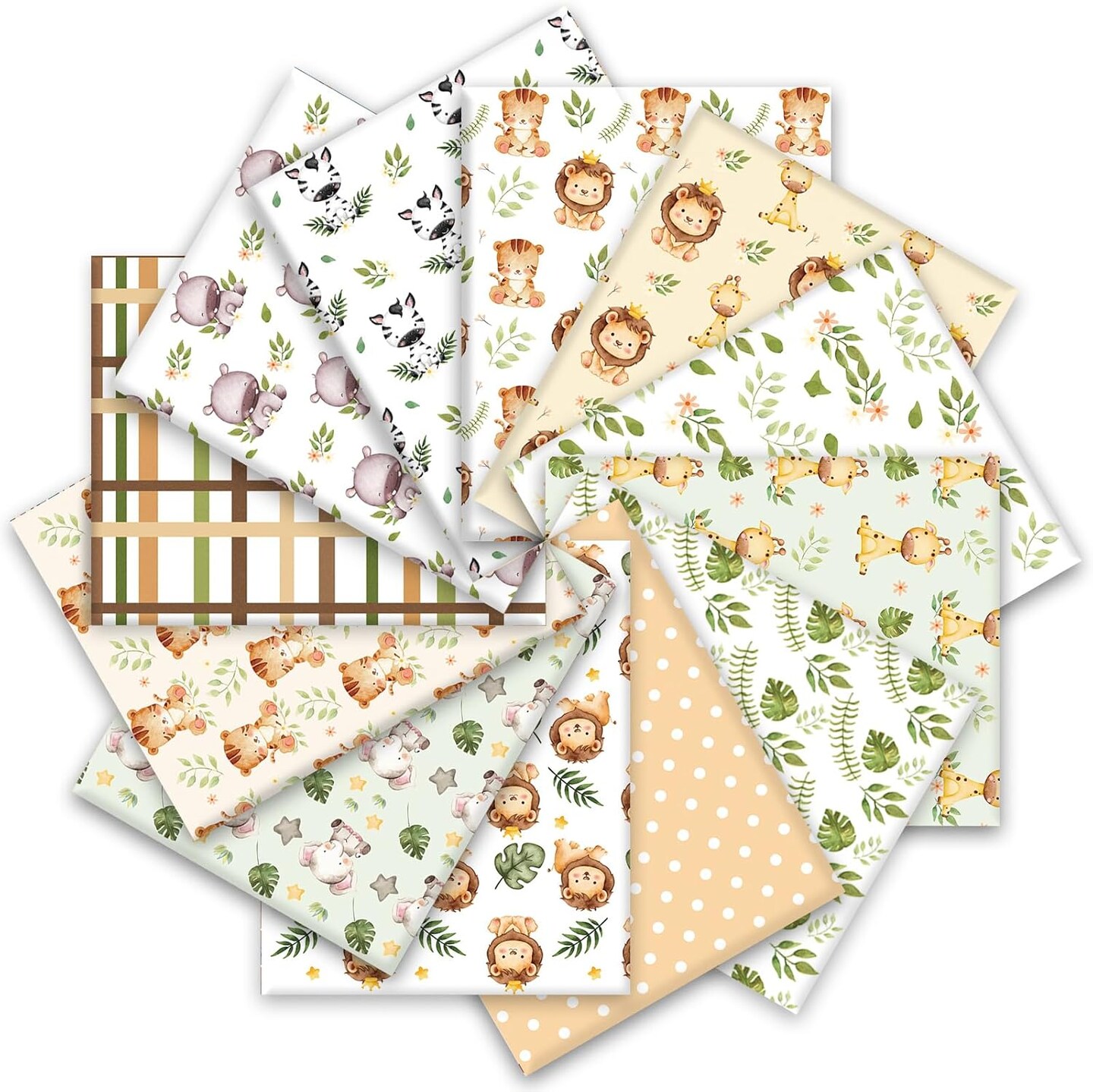 12Pcs Safari Cotton Fabric Bundles Watercolor Safari Animals Printed Fabric,10 x 10 in