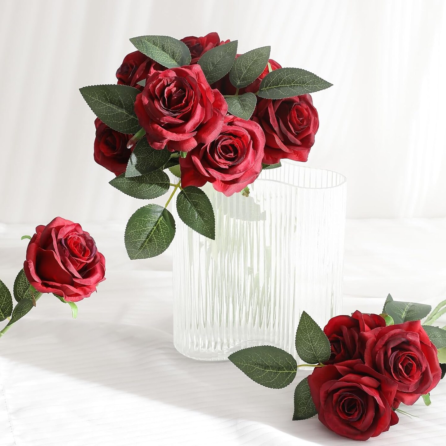 Realistic Fake Flowers Bulk Long Stem Silk Faux Roses Bouquet for Wedding