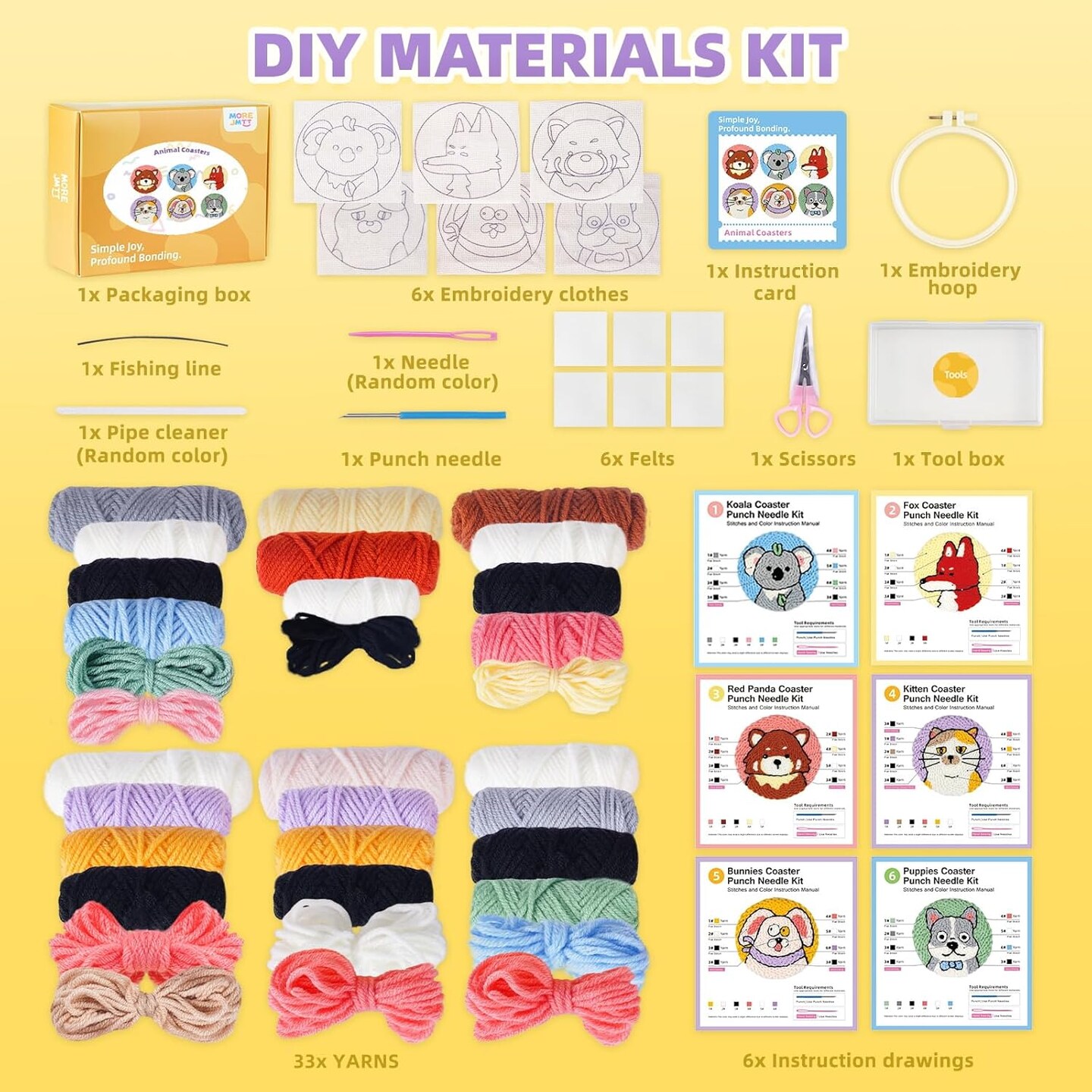 Punch Needle Kit for Beginners – DIY Embroidery Coaster Set with 6 Animal Patterns, Punch Needle Tool, Yarn, Curved Scissors, Hoop & Storage Box, Easy Step-by-Step Tutorial for Adults & Kids