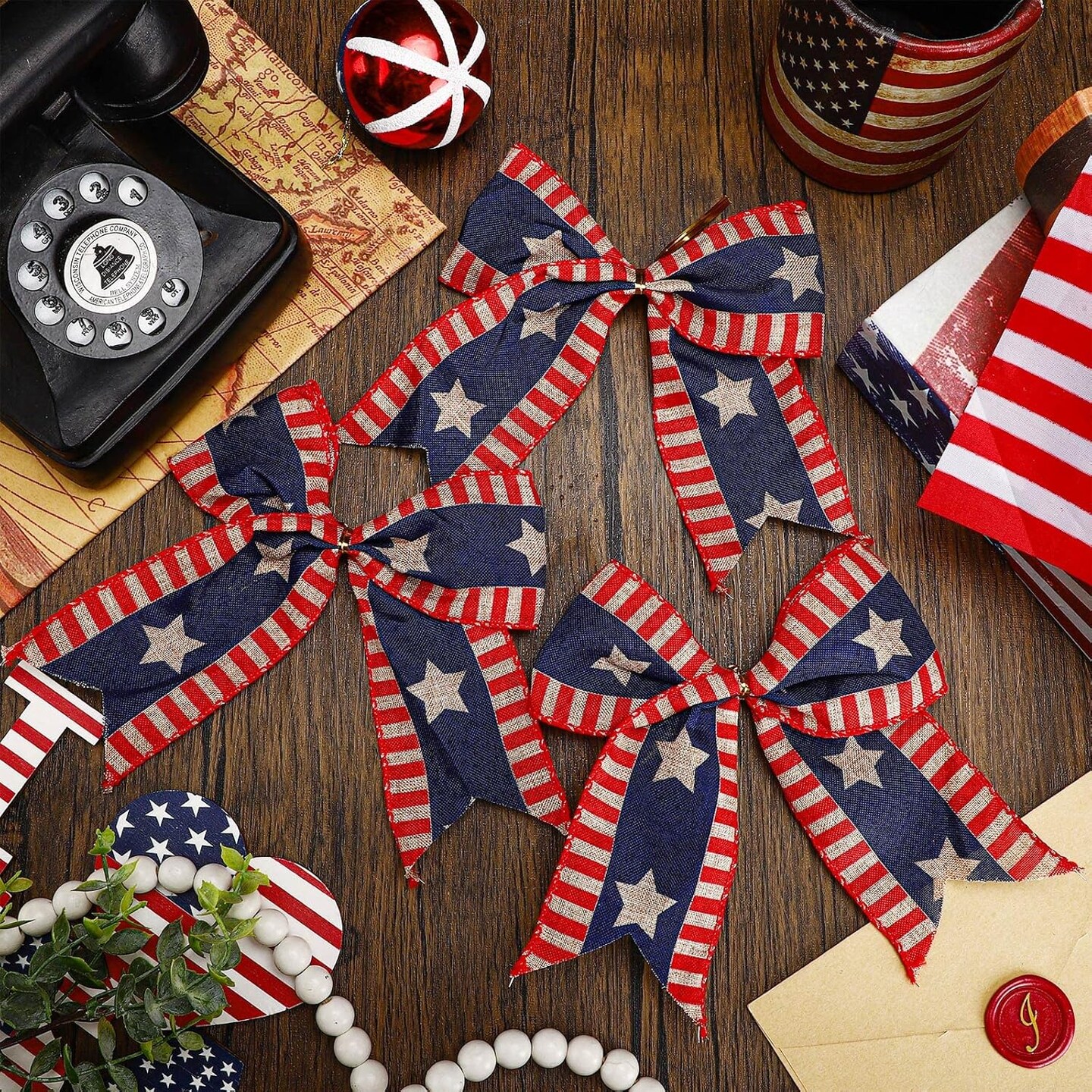 12 PCS 4th of July Patriotic Bows – 6" Red, White & Blue Burlap Ribbon Bows with Stars & American Flag, 250th Anniversary, Independence Day, Memorial Day Door, Wall & Fence Decorations (Elegant Style)