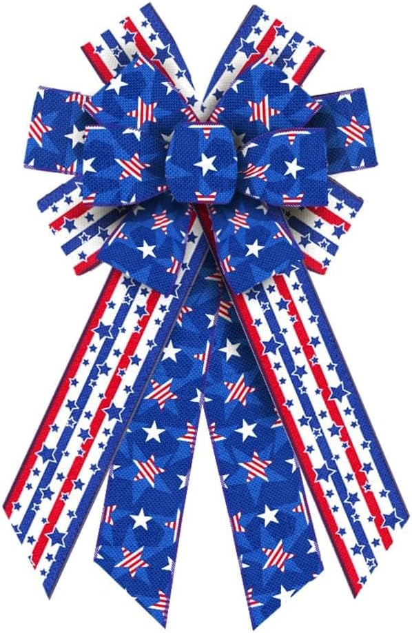 Large 4th of July Patriotic Wreath Bow – Red, White & Blue Stars and Stripes Burlap Bow, Memorial Day & Independence Day Tree Topper for Front Door, Indoor/Outdoor Holiday Decorations