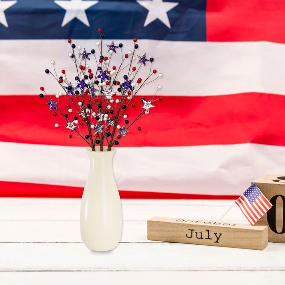 3 Pcs Patriotic Artificial Berry Stem Picks – Red, White & Blue Stars, 4th of July Independence Day Décor for Home, Office, Vase Arrangement (Blue)