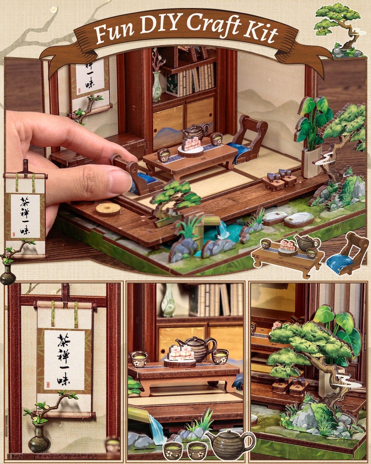 CUTEBEE Book Nook Kit Japanese Tea House DIY Miniature House Shelf Insert Decor Diorama Kit
