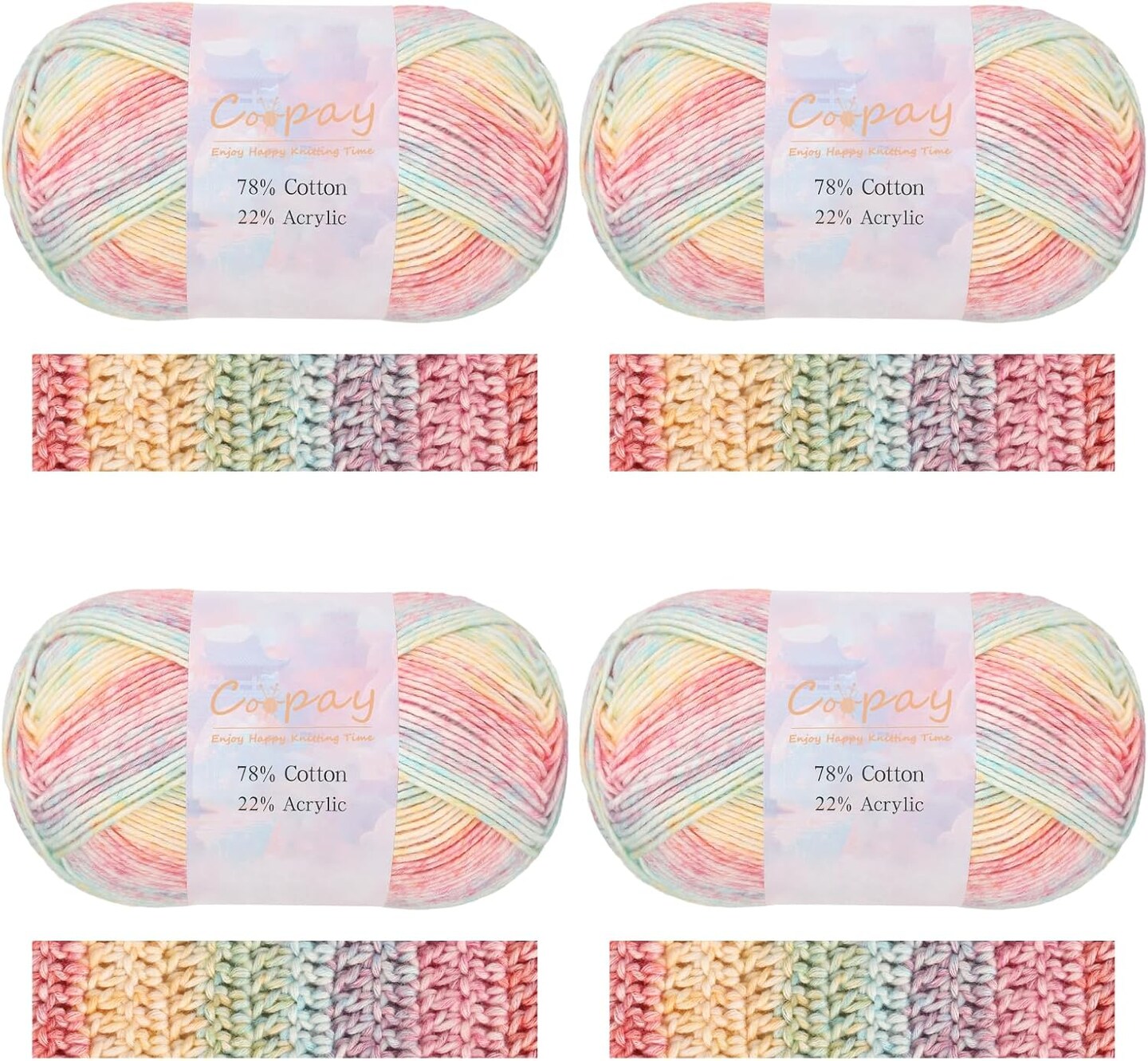 Gradient Ombre Yarn Cake Set – 4-Pack, 3.53oz / 284yds Each, 78% Cotton 22% Acrylic, #2 Thin Yarn for Crocheting & Knitting Blankets, Shawls, Scarves – Color Set 101