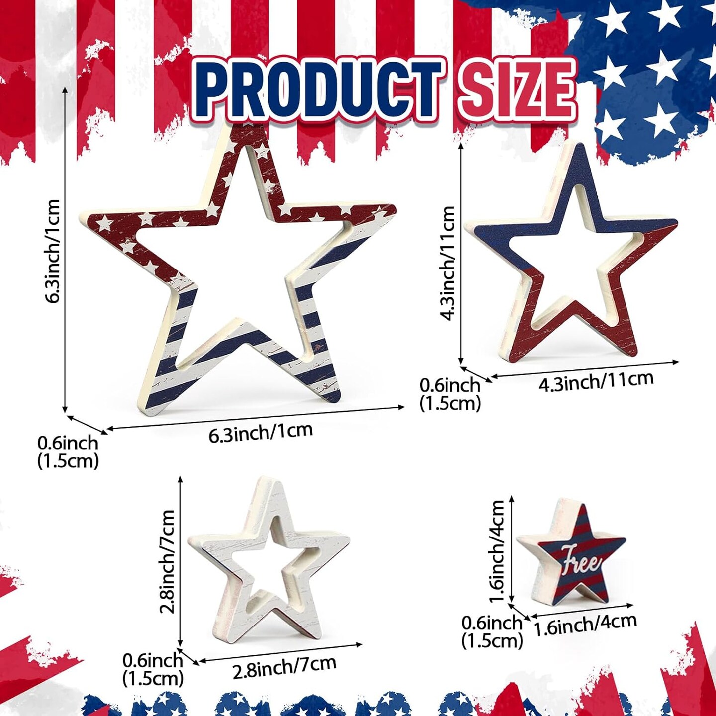4th of July Tabletop Decorations, 4 Pcs Patriotic Star Wooden Signs – Rustic Double-Sided Red White Blue Independence Day Centerpieces for Tiered Tray, Mantel, Shelf & Memorial Day Decor