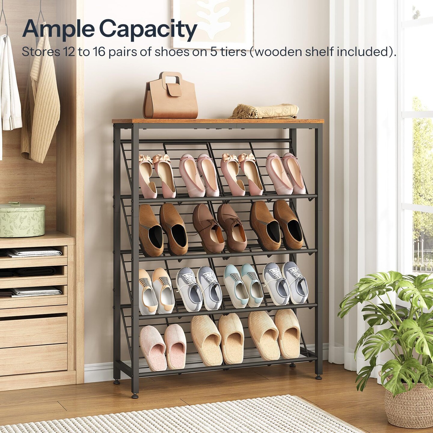 Compact Slanted Shoe Rack with Adjustable Feet, 5-Tier Storage