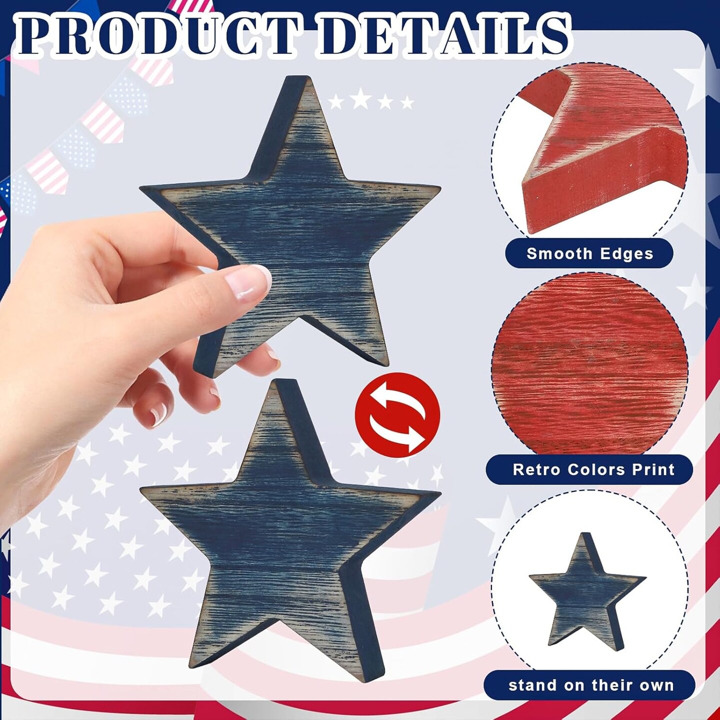 4th of July Decorations – 6-Piece Patriotic Wooden Star Set, Red, White & Blue Retro Table Decor for Tiered Trays, Home, Office, Memorial & Veterans Day