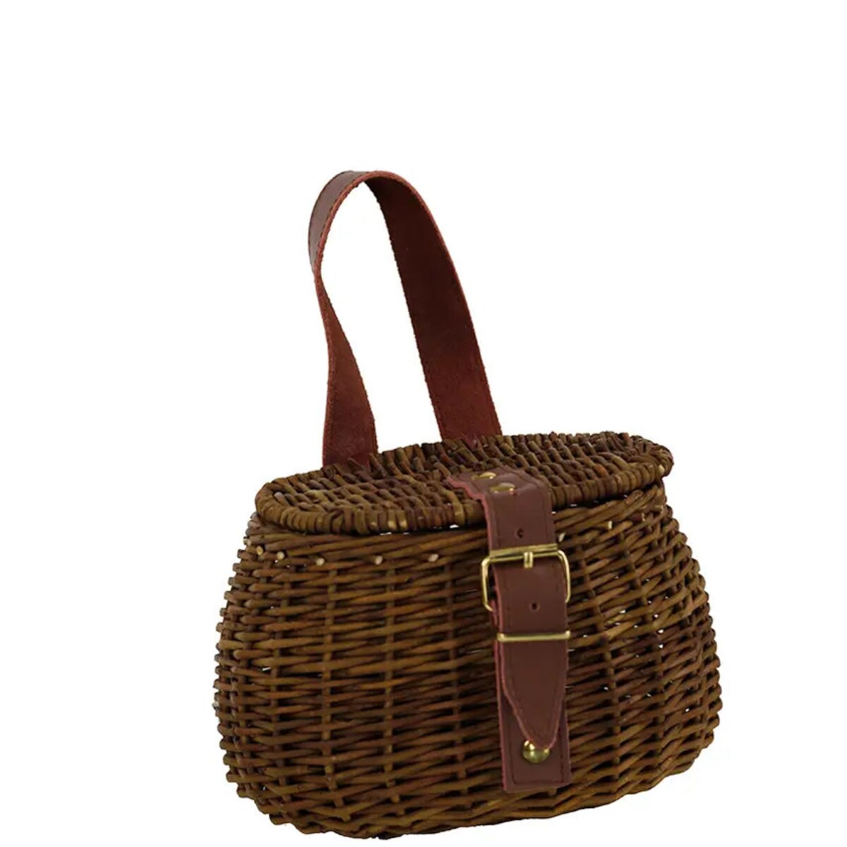 Small Wicker Fishing Creel Basket with Faux Leather Strap Storage 7.5 Inch