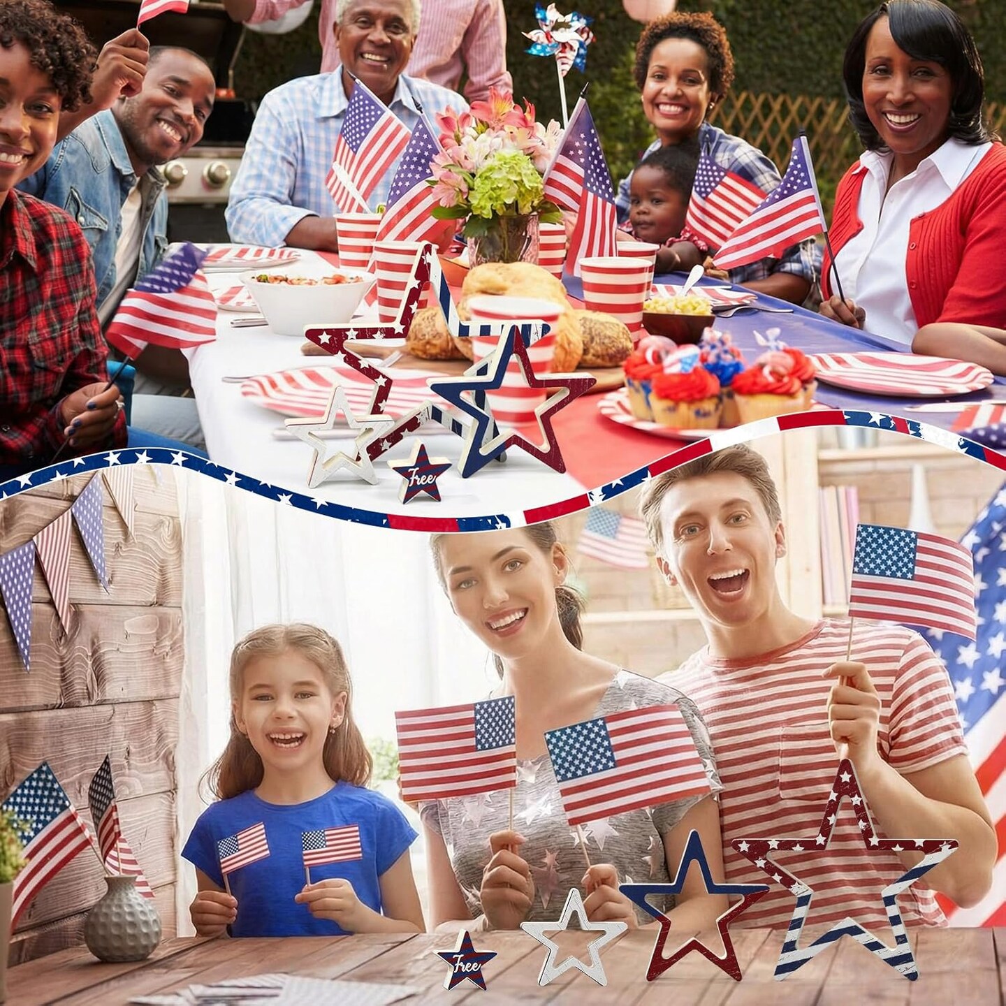 4th of July Tabletop Decorations, 4 Pcs Patriotic Star Wooden Signs – Rustic Double-Sided Red White Blue Independence Day Centerpieces for Tiered Tray, Mantel, Shelf & Memorial Day Decor