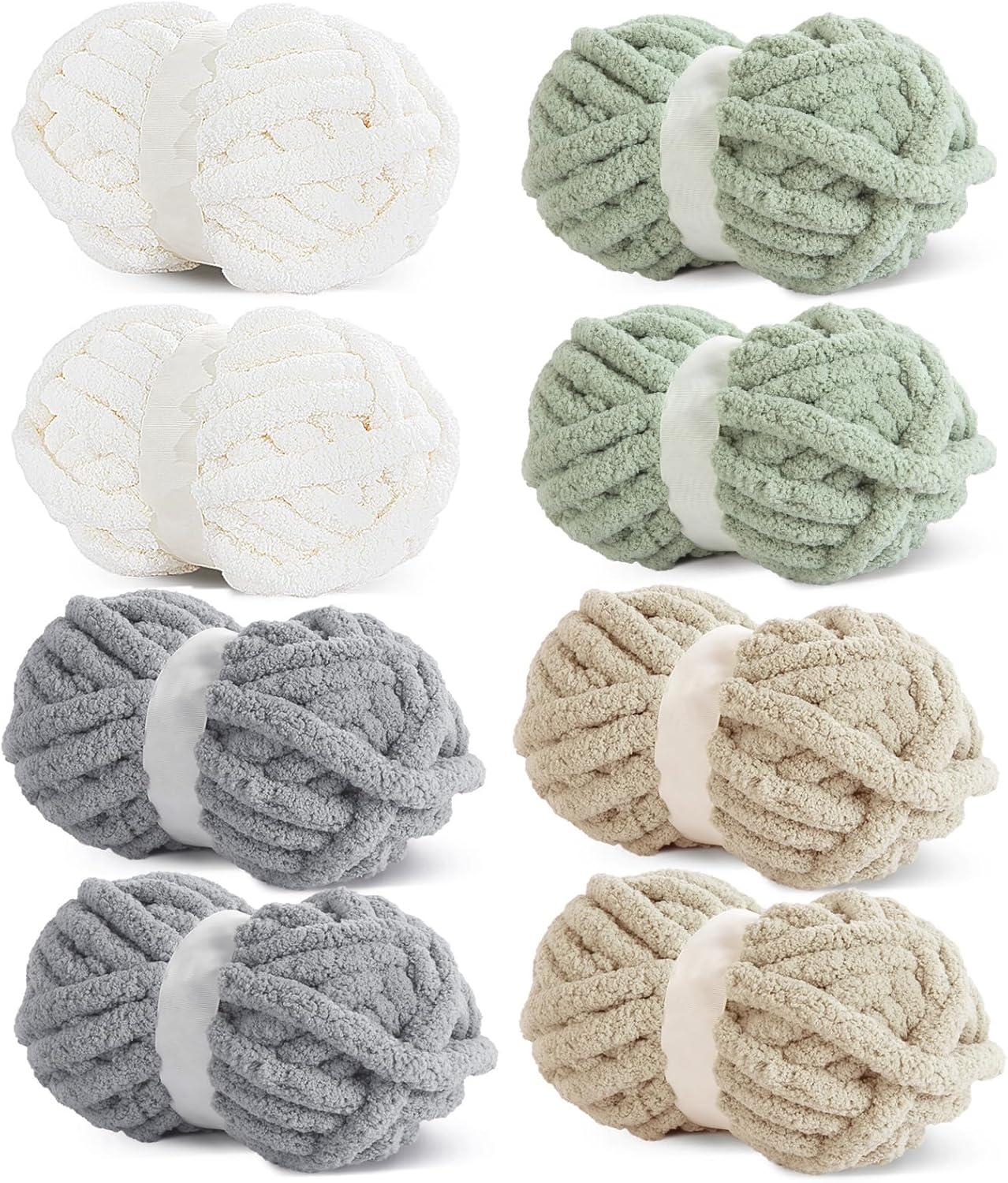 #10 Super Bulky Chunky Chenille Yarn – 8 Skeins, 8 oz / 27 yds Each, 3/4" Thick Soft Yarn for Crocheting, Hand Knitting, Blankets, Scarves & DIY Projects – Multi Assorted Cream, Khaki, Sage, Grey