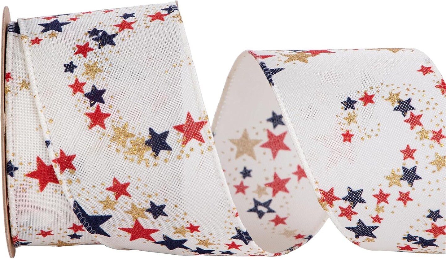 Patriotic Glitter Stars Wired Ribbon – 2.5" x 10 Yards Red, Navy, Blue & Gold Ribbon for 4th of July, Veterans Day, and Independence Day Decorations (Ivory)