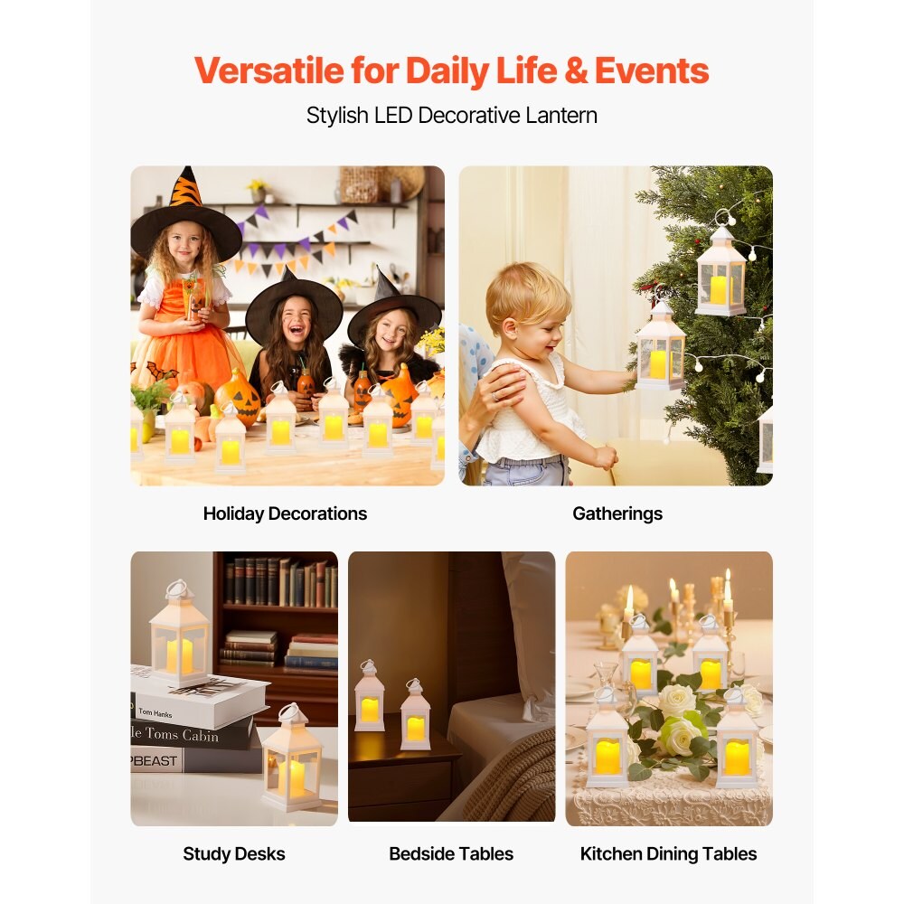 White Plastic & Glass LED Candle Lanterns Set of 12 with Flickering Lights