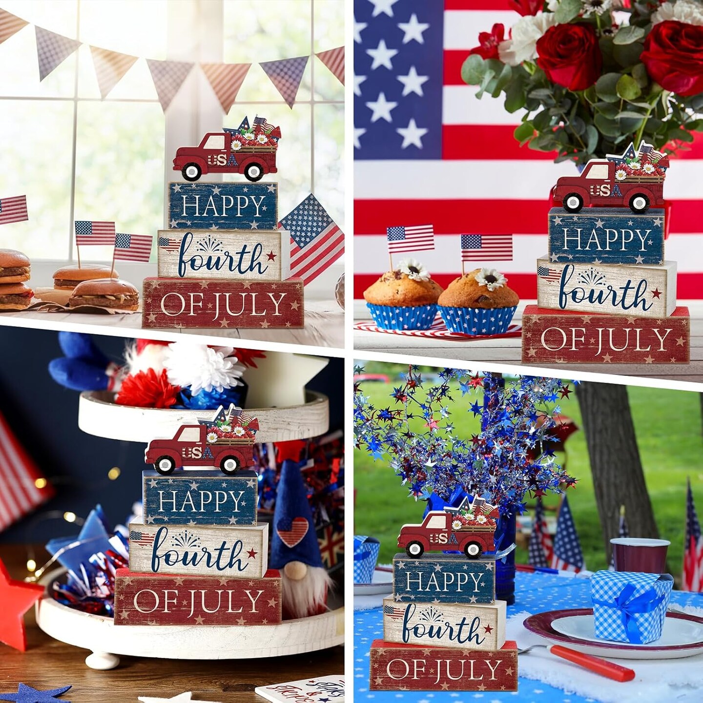 4th of July Tabletop Decorations, 4 Pcs Patriotic Red White Blue Tiered Tray & Shelf Décor – Memorial Day Centerpieces, Office, Home, 250th Anniversary Independence Day Car Accents