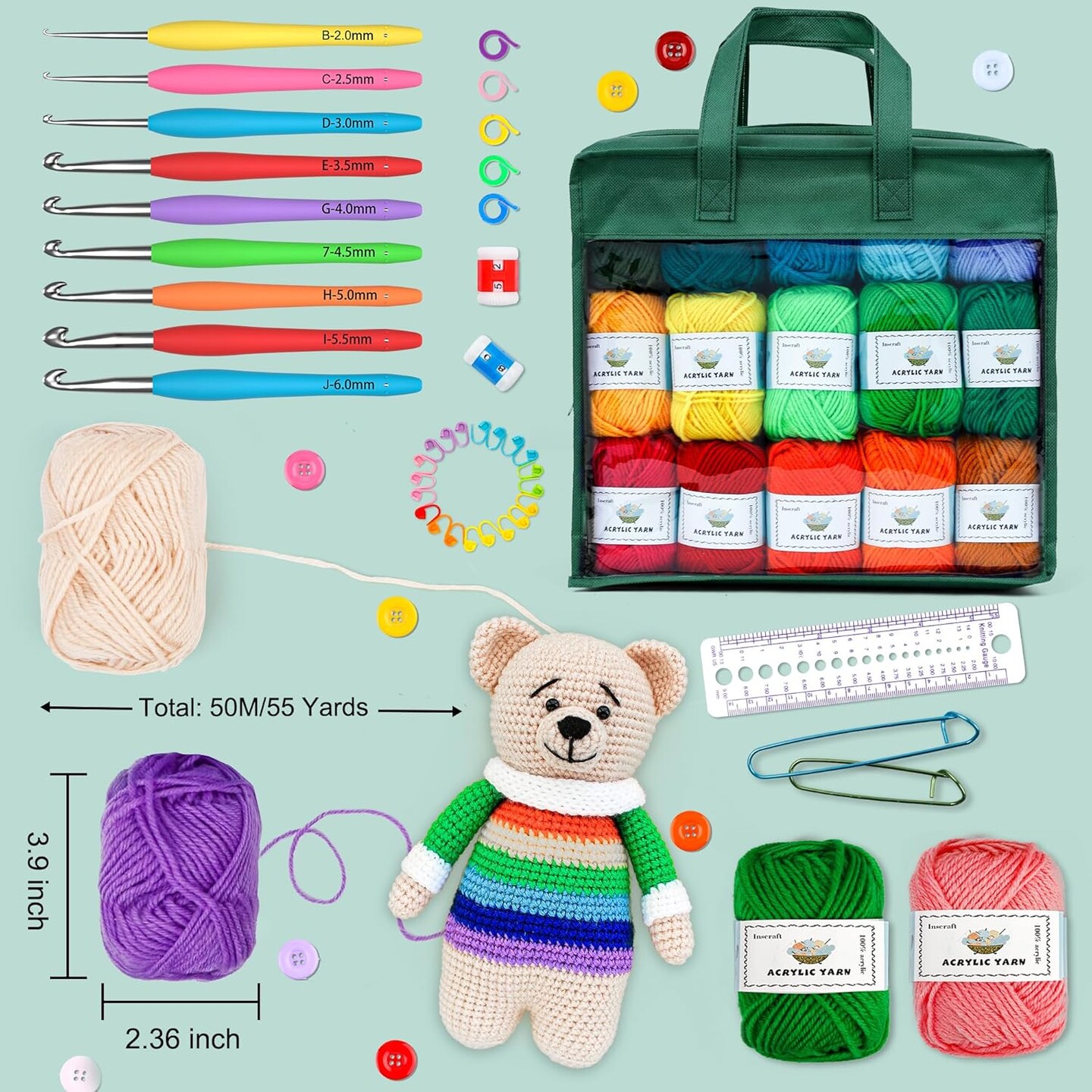 Crochet Yarn Kit for Beginners & Kids – 1650 Yards, 30-Color Acrylic Skeins with Hooks, Stitch Markers, User Manual & Accessories, Complete Starter Set for Amigurumi & DIY Projects